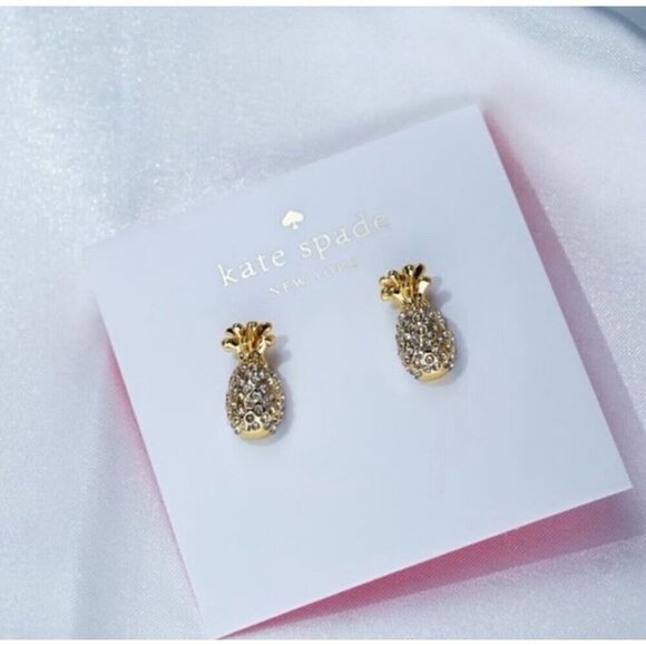 NWT Kate Spade By The Pool Pave Pineapple Stud Dainty Mini Earrings 14k Gold - Picture 4 of 7